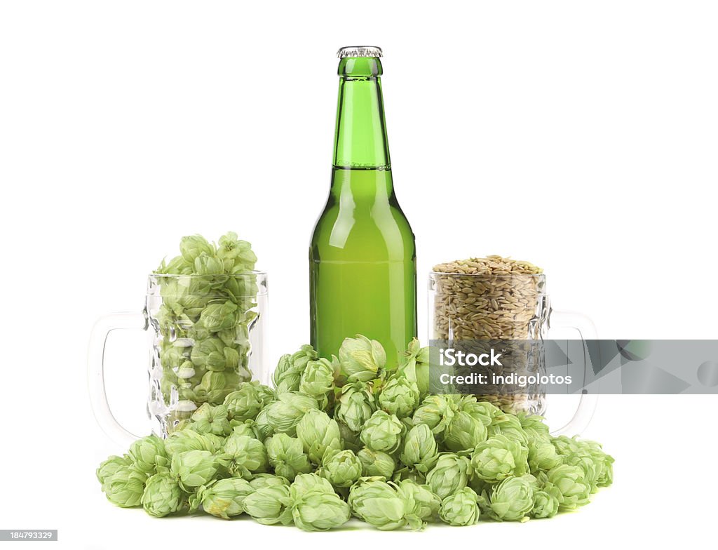 Cerveza botlle y verde-hop. - Foto de stock de Alimento libre de derechos