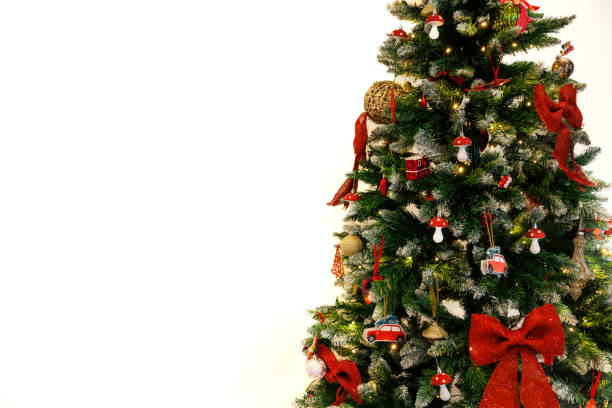Christmas tree, decoration with red colors, white background. stock photo