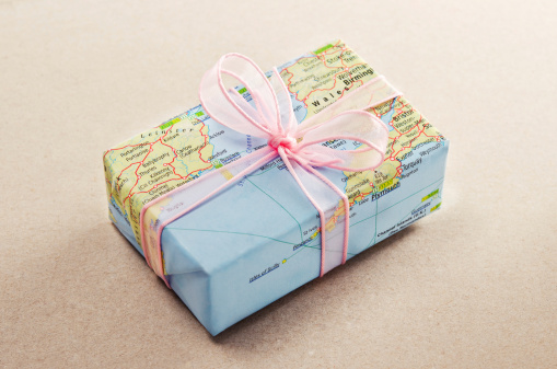 Gift with world map wrapping paper