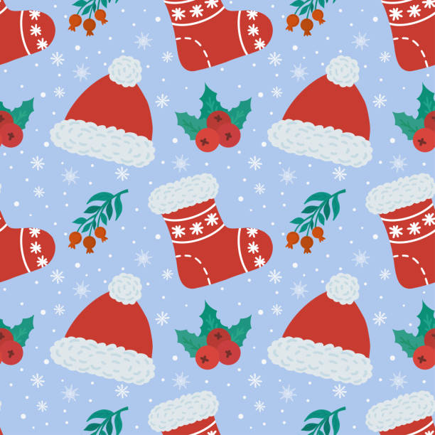 istock Vector seamless background with red hat, red sock and winter berries.   Illustration of a winter New Year's card. Festive background. Design for wallpaper, wrapping paper, gifts, greeting cards 1847953978
