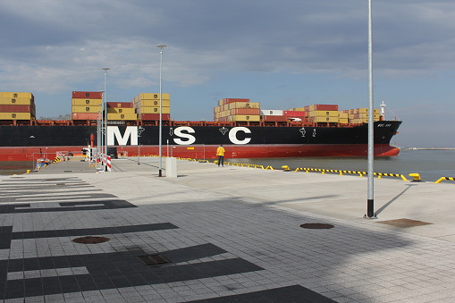Gdynia, Port, Poland. Container ship MSC ANS leaving the port.