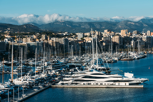 Aerial view of the Principality of Monaco at sunrise, Monte-Carlo, old town, view point in La Turbie at morning, port Hercule, Prince Palace, Mountains, Megayachts, a lot of boats, sun reflection. High quality photo