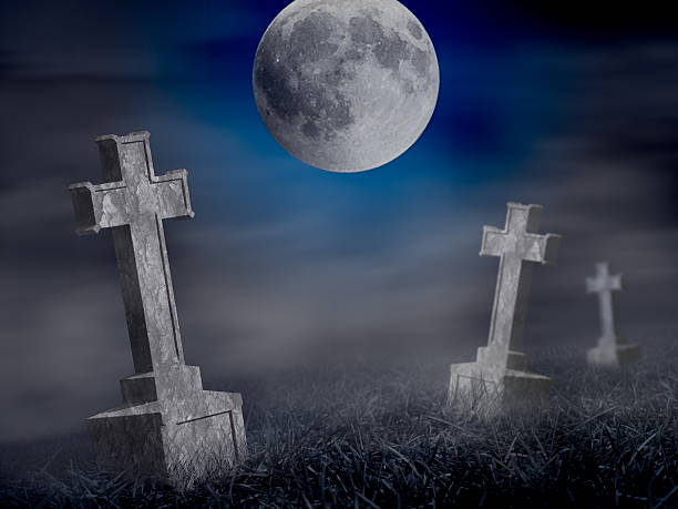 istock Mystery old graveyard at midnight. Halloween collage 184798325