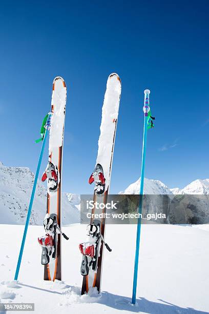 Ski Equipments On Snow Stock Photo - Download Image Now - Apres-Ski, Billboard, Copy Space