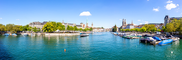 Zurich skyline city at Linth river panorama traveling in Switzerland