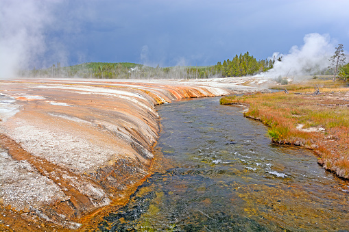 Colorful Banks of the Firehole River in Yellowstone National Park in Wyoming