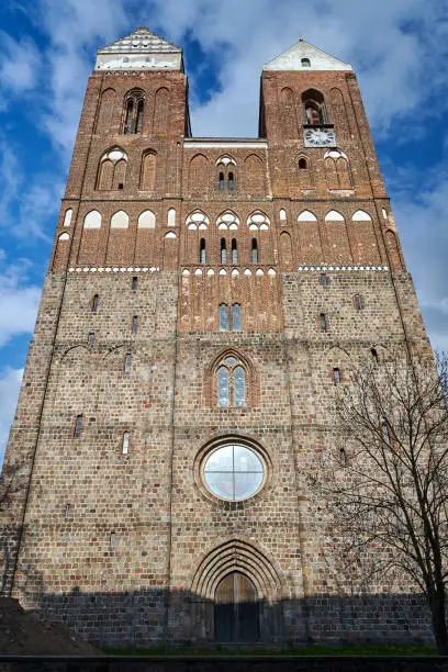 Towers of the medieval St.-Marien-Kirche Evangelical Church in the city of Prenzlau, Germany