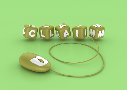 Claim Buzzword Cubes with Computer Mouse - Color Background - 3D Rendering