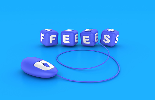 Fees Buzzword Cubes with Computer Mouse - Color Background - 3D Rendering