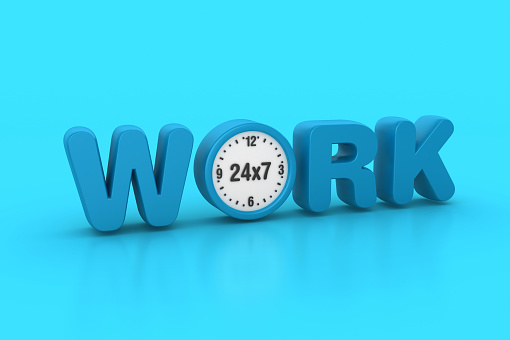 3D Word WORK with Clock - Color Background - 3D Rendering