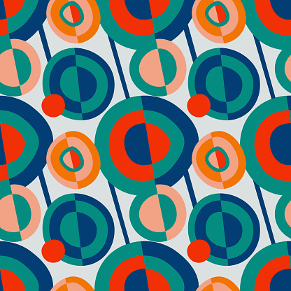 Hand drown vector pattern with circles elements, inspired by Sonia Delaunay. Seamless. Blue, red, orange, green color on the white background. For prints, textiles, paper.