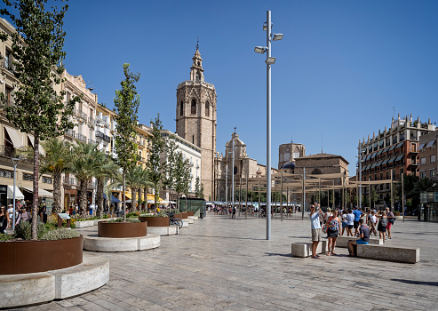 Valencia cathedral and the Plaza de la Reina in valencia, Spain on 25 August 2023