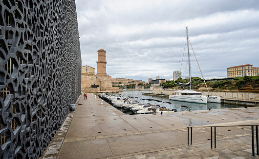 Fort Saint-Jean and marina in Marseille, France on 27 August 2023