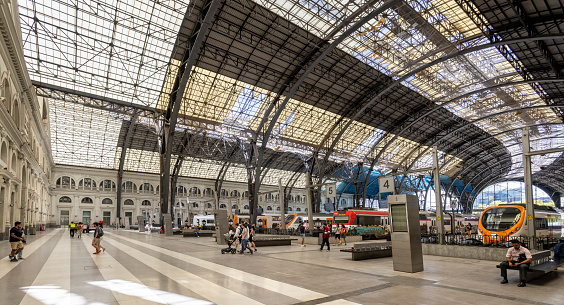 Trains at platforms in Barcelona Franca Railway Station in Barcelona, Spain on 28 August 2023