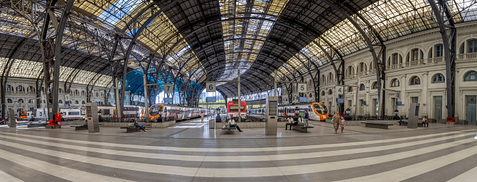 Panorama of trains at platforms in Barcelona Franca Railway Station in Barcelona, Spain on 28 August 2023