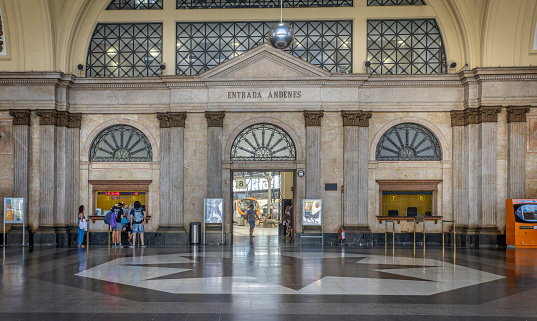 Entrance hall and ticket office in Barcelona Franca Railway Station in Barcelona, Spain on 28 August 2023