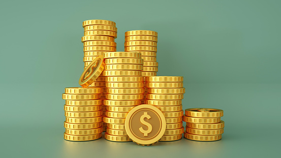 3D rendering of pile of abstract golden US dollar coins isolated on green background.