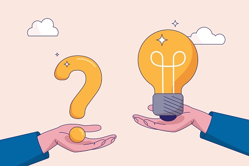 FAQ concept. Question and answer, solving problem or business solution, ask for reply or idea to solve difficulty and trouble, businessman hand holding question mark with other reply with lightbulb.