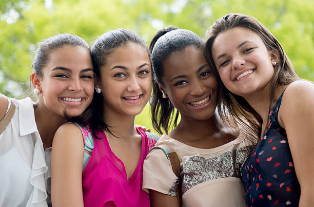 Happy friends portrait Portrait of a group of happy friends female high school student stock pictures, royalty-free photos & images