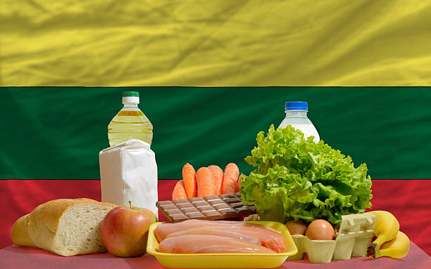 istock basic food groceries in front of lithuania national flag 184809431