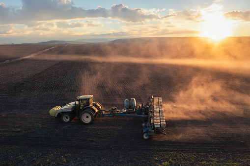 Modern no-till corn sowing on agriculture field, part of agricultural machinery.