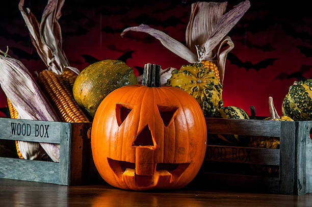 istock Dark autumn composition with scary pumpkins 184812217