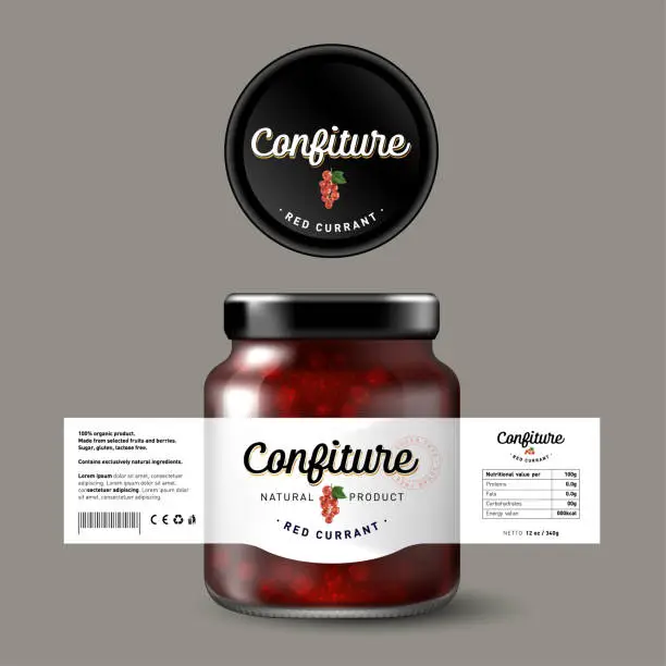 Vector illustration of Red Currant confiture. Sweet food. White label with berries and letters. Mock up of glass jar with label.