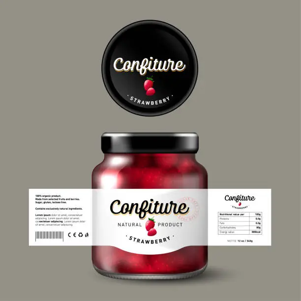 Vector illustration of Strawberry confiture. Sweet food. White label with berries and letters. Mock up of glass jar with label.