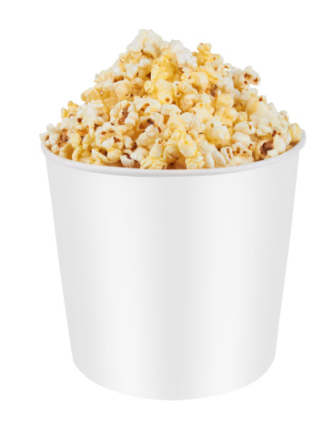 Full bucket of popcorn. Isolated on white