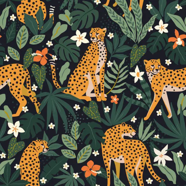 Vector illustration of Leopards, flowers, and tropical leaves on a black background.