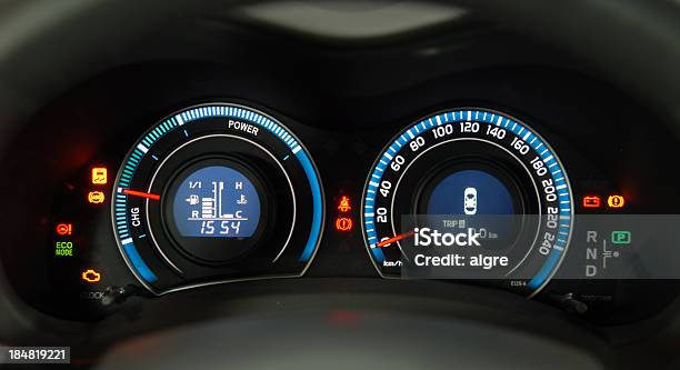 Lights And Icons On Dashboard Of Hybrid Car Stock Photo - Download Image Now - Agriculture, Black Color, Blue