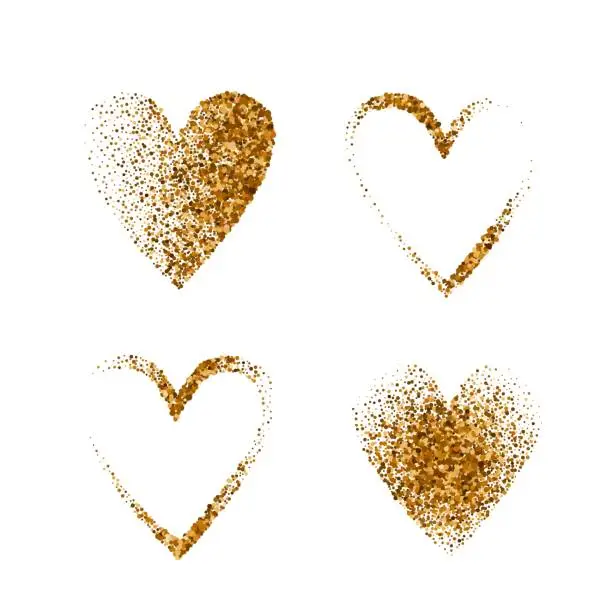 Vector illustration of Hearts set sand effect stipple textured shapes vector illustration, round confetti dots grunge pattern. Romantic St Valentine holiday ornament festive template concept, speckled chaotic particles