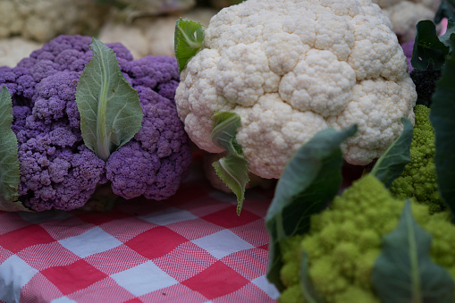 Purple and white cauliflower with romanesco cauliflower on a red and white checkered tablecloth and a farmers market.