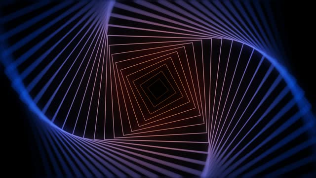 Motion flying through glowing rotating neon shapes tunnel