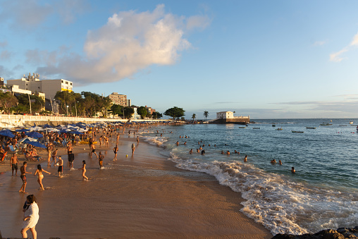 Salvador, Bahia, Brazil - August 27, 2022: View of Porto da Barra beach in the city of Salvador, Bahia.