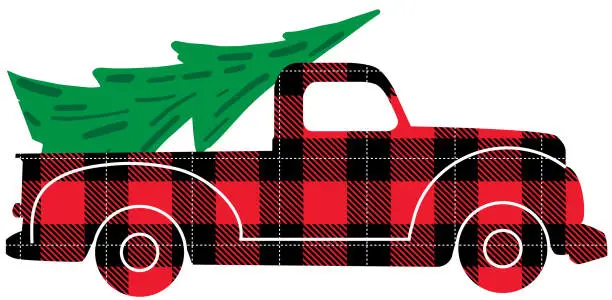 Vector illustration of Merry Christmas Greeting card design template with red plaid retro pick up truck silhouette on white background