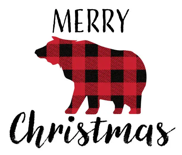 Vector illustration of Merry Christmas Greeting card design template with red plaid bear silhouette on white background