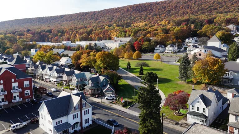 Autumnal trees cover a wealthy residential district with green lawns by the hill in Pen Argyl, Pennsylvania. Aerial footage with panning camera motion