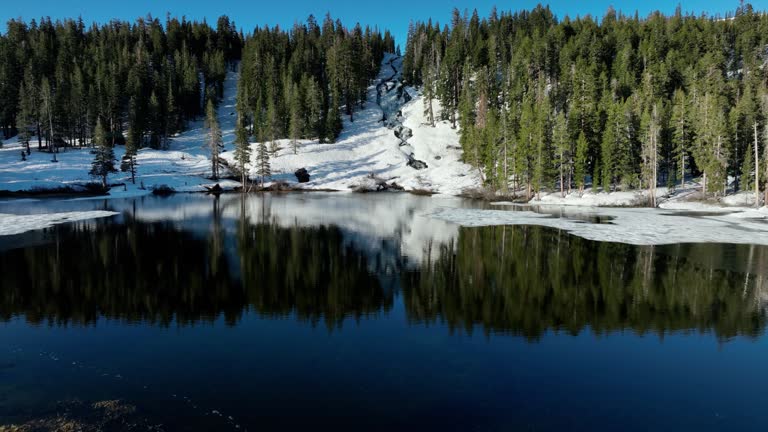 Aerial of frozen Twin Lakes in California.