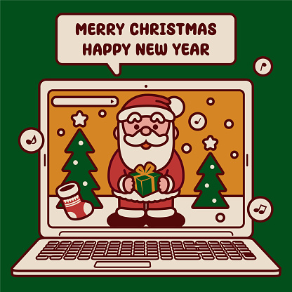 Cute Christmas Characters Vector Art Illustration.
Adorable AI Santa Claus carrying a Christmas present and greeting on a laptop computer screen.