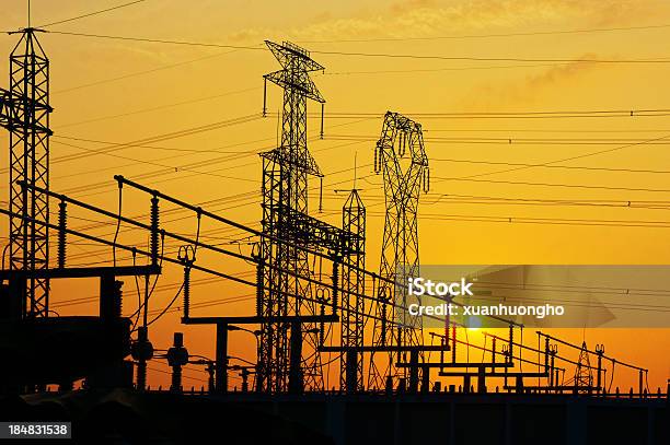 Electricity Network At Transformer Station In Sunrise Stock Photo - Download Image Now