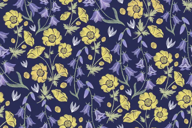 Vector illustration of Blue bell flower pattern embroidery on dark background. Flower motif seamless Ikat pattern design. Vector illustration.