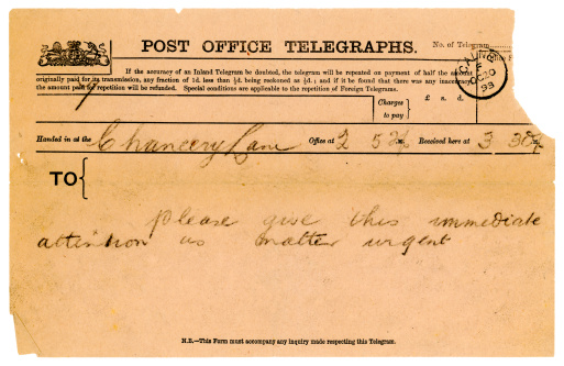 An old British telegram from 1893 with all identifying details removed.