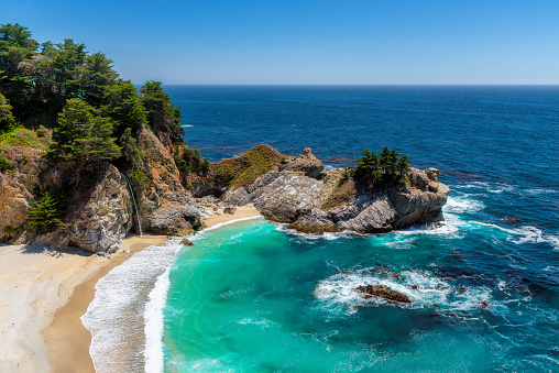 Beautiful California beach with rocks and turquoise ocean, Julia Pfeiffer beach, Big Sur, California, USA