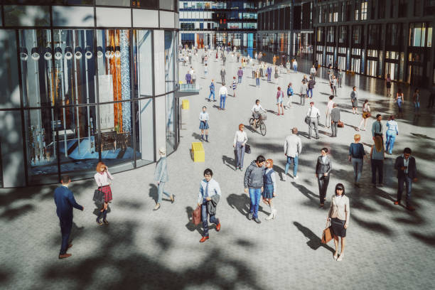 Crowds of people in modern city. 3D generated image.