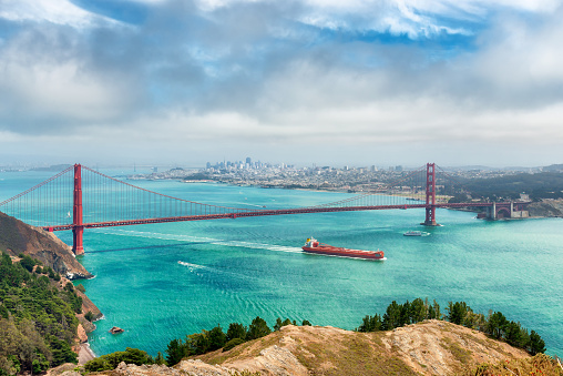 Beautiful aerial view of famous Golden Gate Bridge and  San Francisco City at Sunny day, California