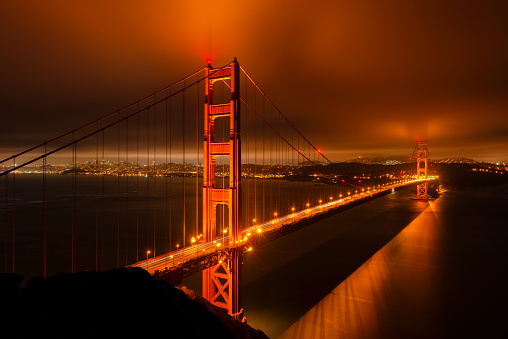 Beautiful panoramic view of famous Golden Gate Bridge at night in San Francisco, California, USA.