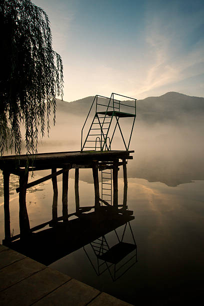 Morning mist on lake stock photo