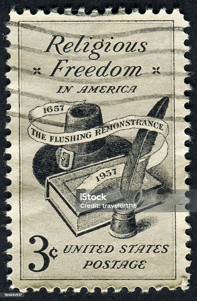 Cancelled Stamp Of Religious Freedom A Cancelled United States of America stamp honoring the freedom of religion. Human Rights Stock Photo