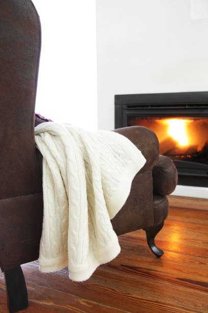 istock Brown armchair from the back in front of modern fireplace 184835100